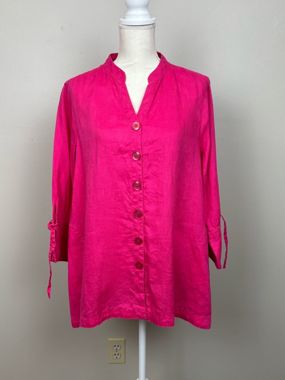 John Mark Top Womens Lg Pink 100% Linen Button Front 3/4 Tie Sleeve Blouse